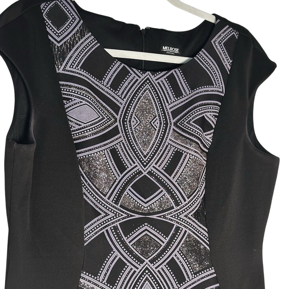 Melrose Social Women Black Silver Glitter Geometric Sheath Dress Size 14 Cap Sle - Picture 3 of 10